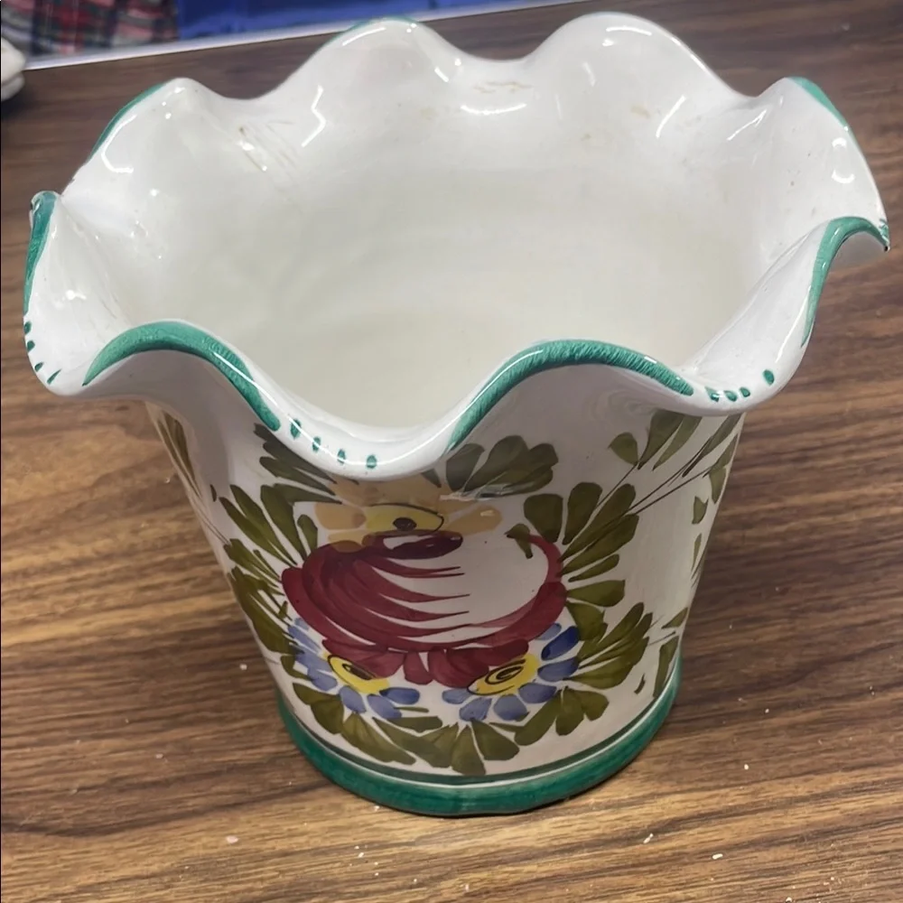 Floral‎ Ceramic Vase with Green Trim